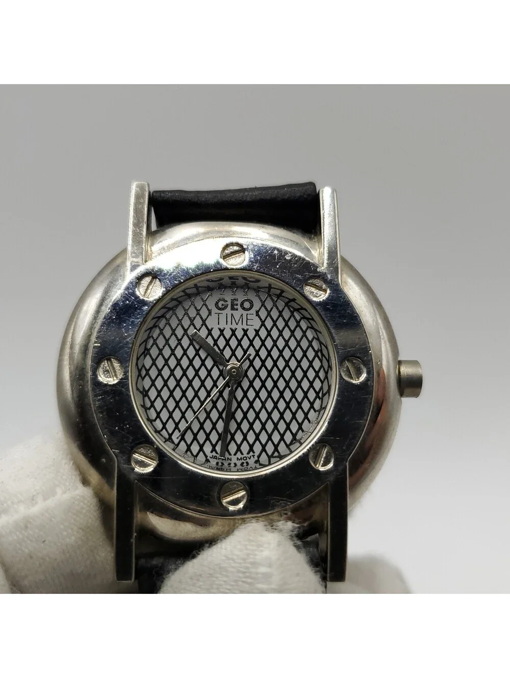 Geo Time Always Ahead Of Time 35mm Quartz New Battery Silver Tone Black Band